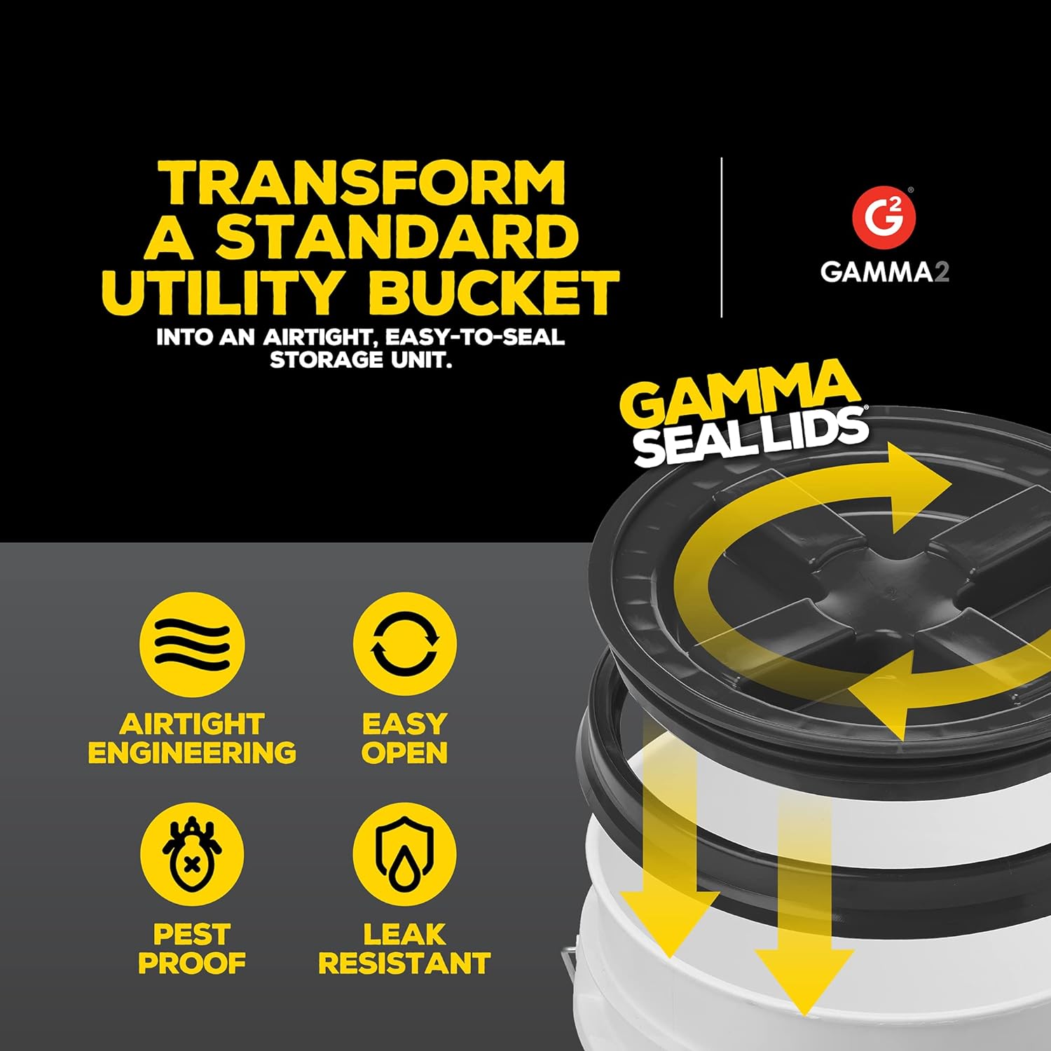 GAMMA2 Gamma Seal Lid - Pet Food Storage Container Lids - Fits 3.5, 5, 6, & 7 Gallon Buckets, Black